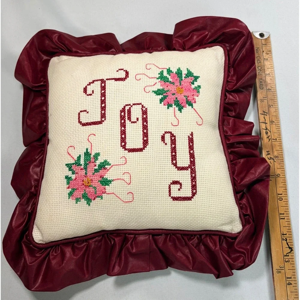Vintage Handmade Cross Stitch Joy Christmas Pillow Burgundy Ruffle Poinsettia